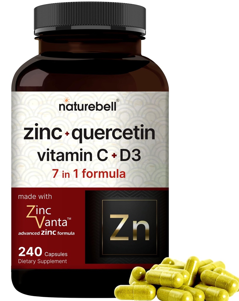 NatureBell Zinc Quercetin con Vitamina C & D3, 240 capsule | Quercetin 1.000mg + Zinc 50mg + Vitamina C 250mg + Vitamina D3 5000 IU | 4-in-1 Advanced Immune & Lung Support | ZincVanta Formula