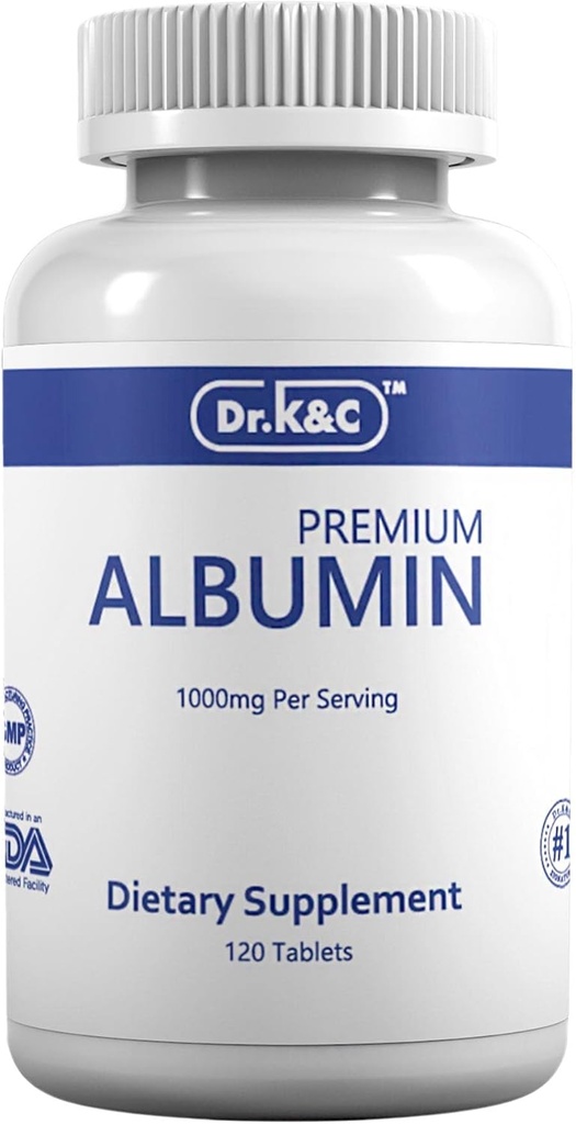 Dr.K&C Premium Albumin Protein Supplemento – Extra Strength 1000 mg 120 Tablets Healthy Kidney Liver Promote General Wellness Energy Support Life Balance 1pk