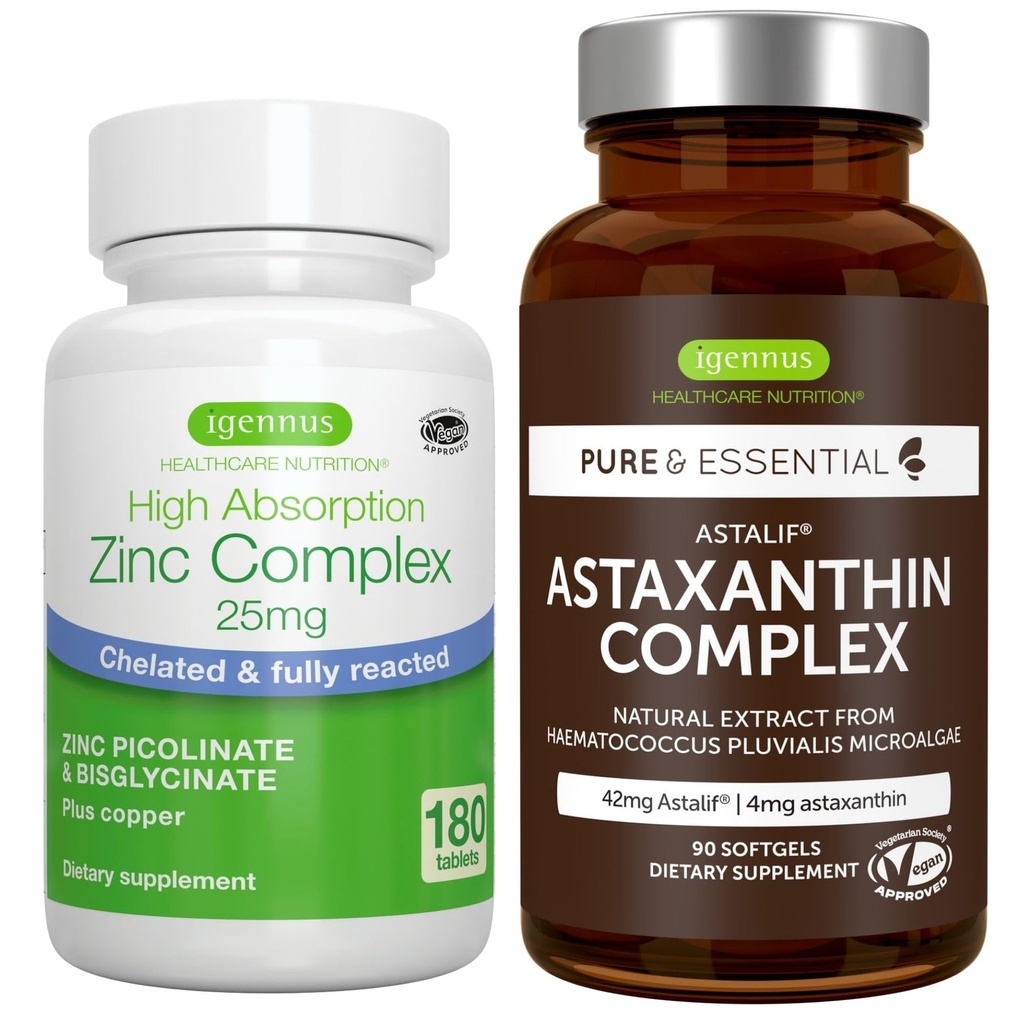Complesso di astaxantina + Zinc Complex Vegan Bundle, Supporto antiossidante per pelle, capelli e unghie, di Igennus