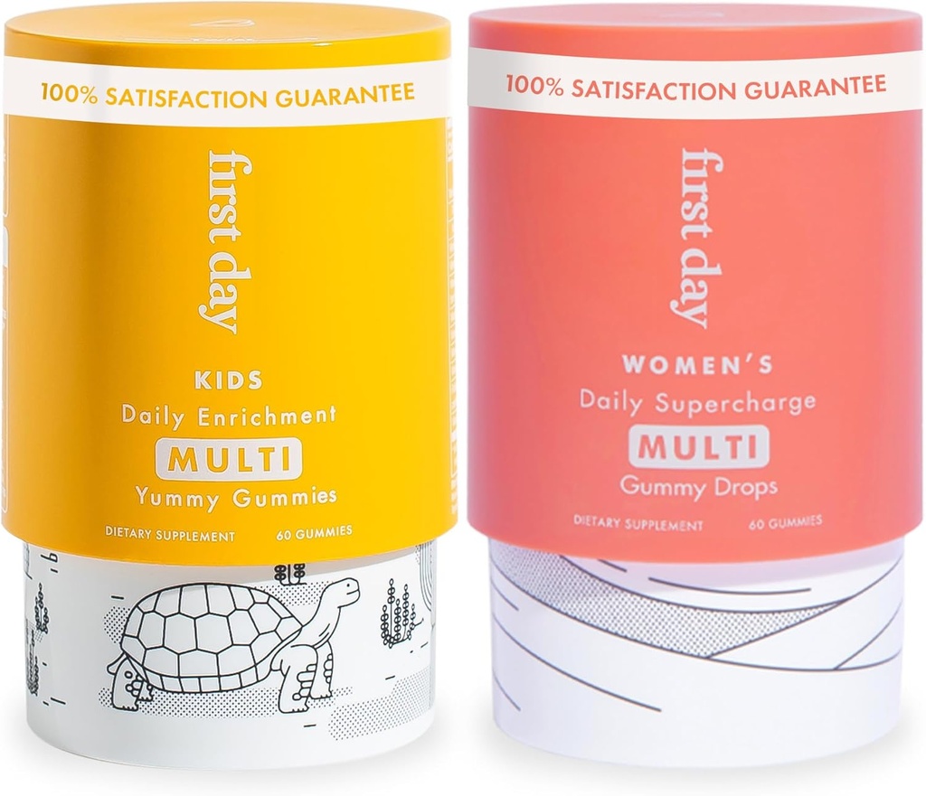 FIRST DAY Multivitamin Gummies Bundle for Women & Kids – Vitamine A, B, C, D & K + Folate, Magnesio, Zinco, Biotin & More – Made w/Organic Fruits & Veggies, Only 2g Sugar – 2-Pk, 30 giorni di alimentazione