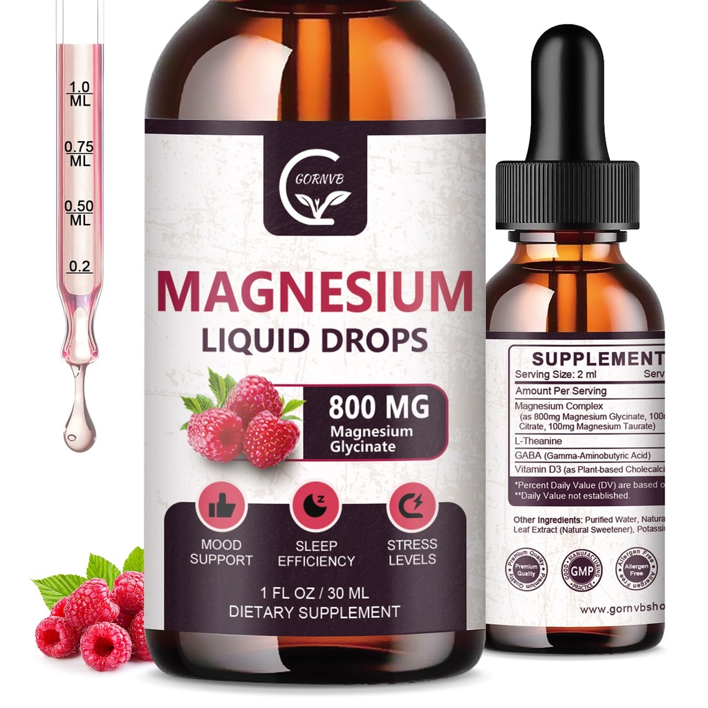 (2 Confezione) Magnesio Glycinate Liquid Drops | 1000mg Liquid Magnesium Complex con D3, L-Thea & GABA per energia, sonno, nervo e salute del cuore, ad alto assorbimento, Raspberry Flavor