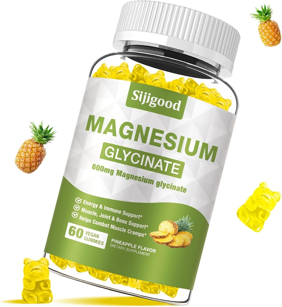 Magnesio Glycinate Gummies 600mg, Relax & Zzz Support, Magnesio Potassium Supplemento per adulti e bambini Senza zucchero, Vitamina C, B6 e CoQ10 ananas Flavor, 60 Conte