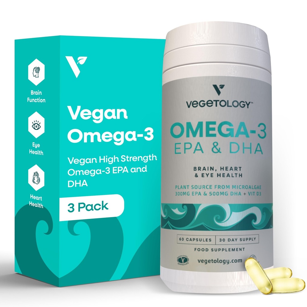 Integratore Vegan Omega 3 – EPA, DHA Integratori & Vitamina D3 – Algae Omega 3 Vegan Integratori per Cervello, Occhi e Salute Del Cuore – per Bambini & Adulti (180 capsule)