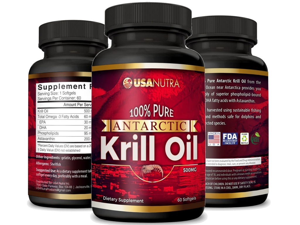 Olio di Krill Antartico Softgels 100% Pure con Omega-3 EPA DHA Astaxantina 1000mg al giorno (2 Softgels). Prodotto negli Stati Uniti