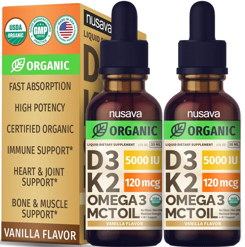 (2 Pack) Gocce di vitamina D3 K2 organiche con olio MCT Omega 3, 5000 IU - Liquido di vitamina D di resistenza massima, senza filler, liquido non OGM D3 per assorbimento più veloce e supporto immunitario (Vanilla, 1 Fl OZ x 2)