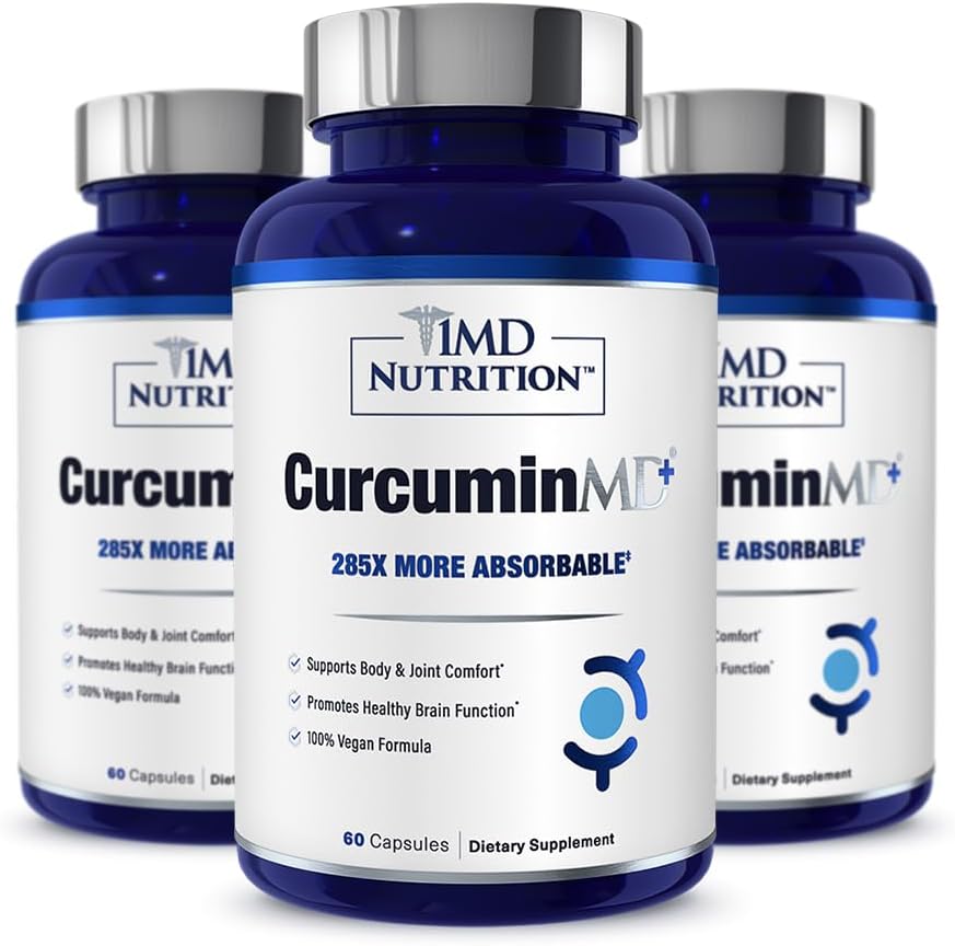 1MD Nutrition CurcuminMD Plus - Curcumina Turmerica con Boswellia Serrata - 285x Più assorbibile | Stiffness Joint, Recupero Muscolare e Supporto Mood | 180 Capsule (3-Pack)