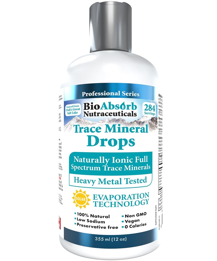 Gocce minerali di Trace di Bio Absorb. Metallo pesante testato. 284 Serve di minerali di vassoio organico da acqua di mare di Utah concentrata. 125 mg di magnesio ionico (12 oz)