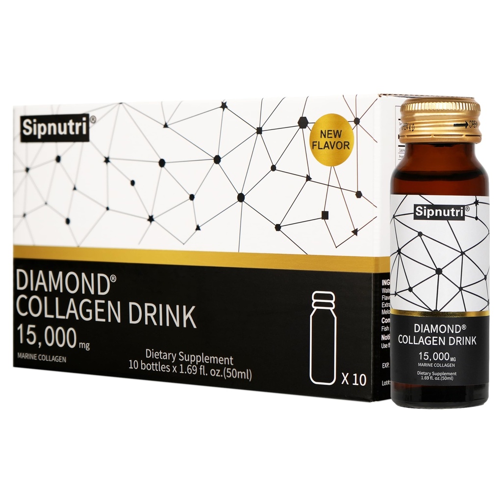 Bevanda di collagene liquido di diamante, 15000 mg Peptidi di collagene marino idrolizzati con vitamina C, melograno, Giunti per unghie della pelle dei capelli sani Supporto per le ossa, 50 ml x 10 bottiglie