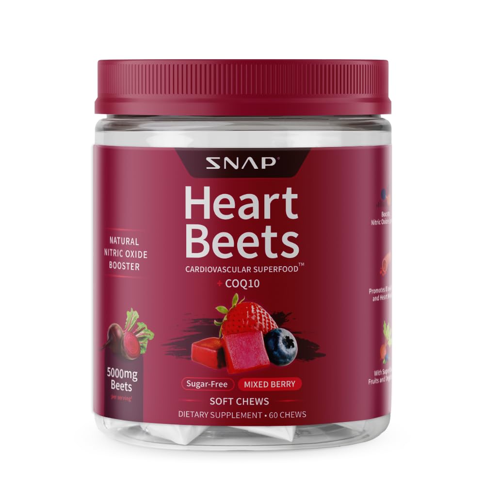 Supplementi di cuore Bottiglie di barbabietola Organico Root Soft Chews, Supplemento di supporto cardiovascolare per gli uomini e le donne, CoQ10 & Red Spinach, Heart Health & Circulation Support, Sugar Free, Bacche miste, 60 Chews