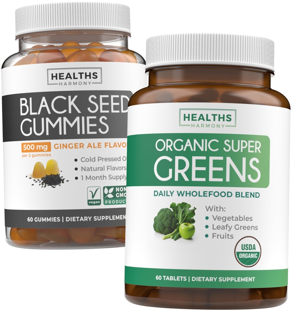 Gummies di olio di semi neri e super verdi (1-Month) - Boost verde giornaliero - Gummies di olio di semi neri Ginger Ale Flavor Nigella Sativa & Organic Super Greens completa Super Food Supplement
