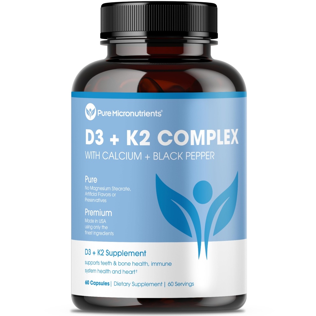 Pure Micronutrienti Vitamina D3 K2 Supplemento | MK7 100mcg, D3 5000 iu, Calcio + BioPerine | Muscle & Bone Salute, Cuore, Immunity & Energy Support | Vegan | 60 capsule