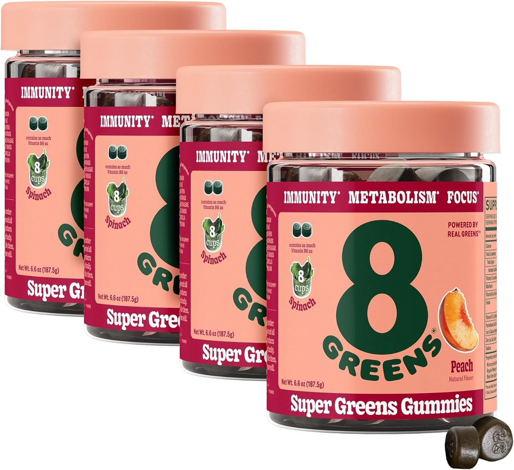 8Greens Supergreens Gummies | Super Greens Polvere Superfood Gummy per Metabolismo, Immunity & Focus, Digestive Health Enzymes, Organic: Chlorella, Spirulina, Aloe Vera, Peach Flavor, 200 Count