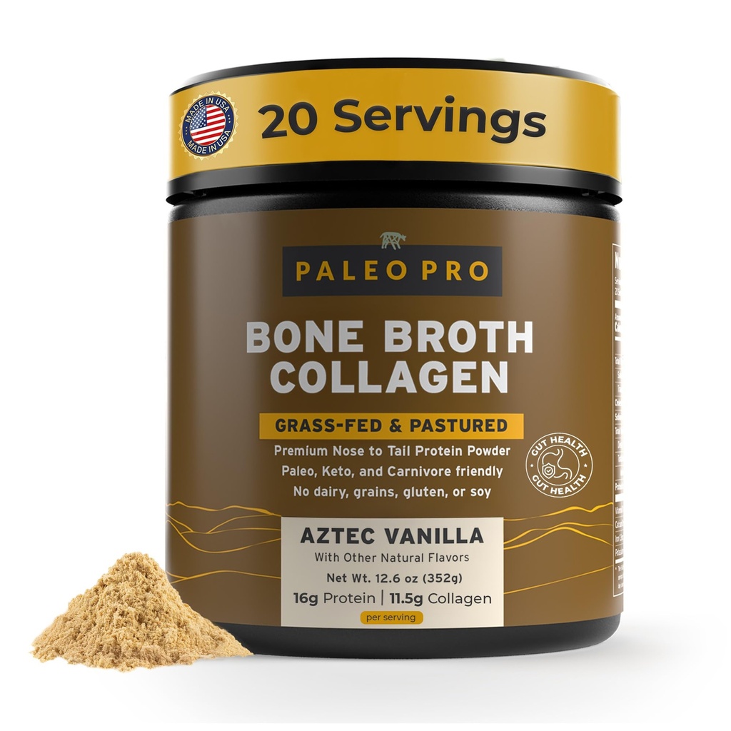 Polvere di proteina di collagene di brodo di PaleoPro Bone - Polvere di collagene di radice di curcuma-Fed per pelle e ossa - senza glutine, senza zucchero, soia, cereali, carboidrati netti - Paleo Keto Friendly 20 Servings Aztec Vanilla