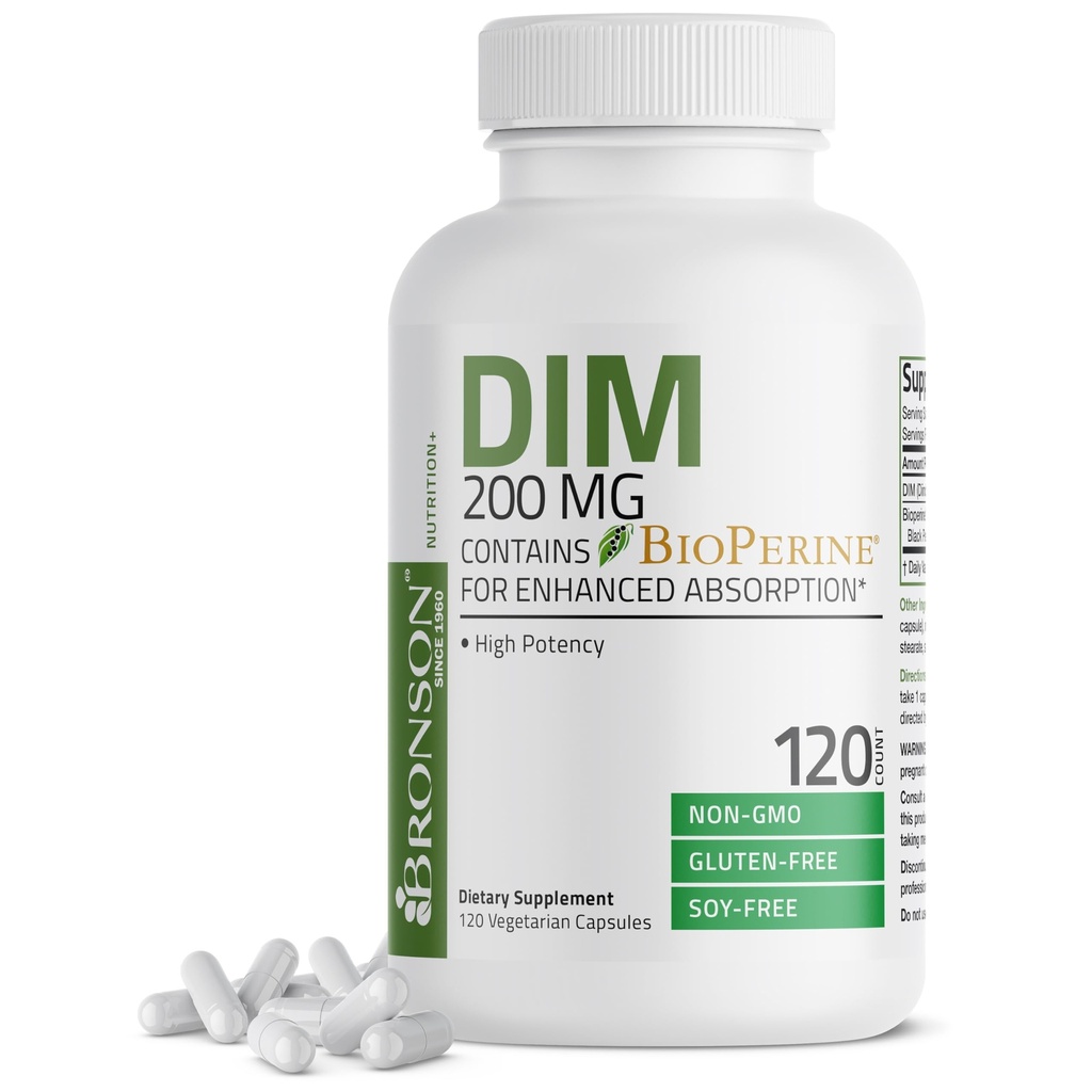 Bronson DIM Supplemento 200 MG Diindolymethane with BioPerine for Enhanced Absorption, Estrogen Metabolism & Maintains Balanced Hormone Livelli, 120 capsule vegetariane