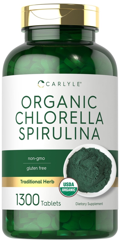 Carlyle Organic Chlorella Spirulina Tablets | 1300 Count | 50/50 Blend | Non OGM e Gluten Supplemento gratuito