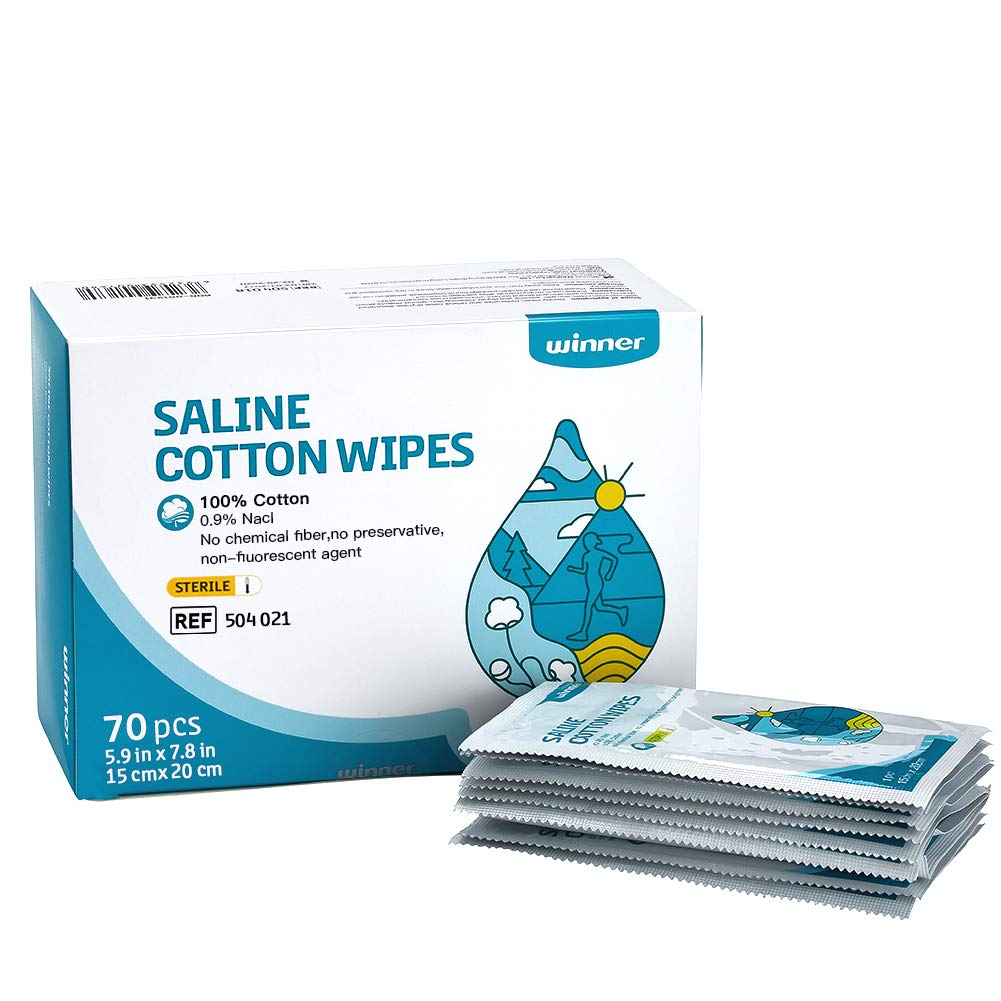Wipes Sterile Saline Winner, 6" x 8" Large Personal Care Wipes, Gentle Saline Pads for Piercings, Multi-Purpose for Sensitive Eyes and Face, Individually Wrapped, 70 Count