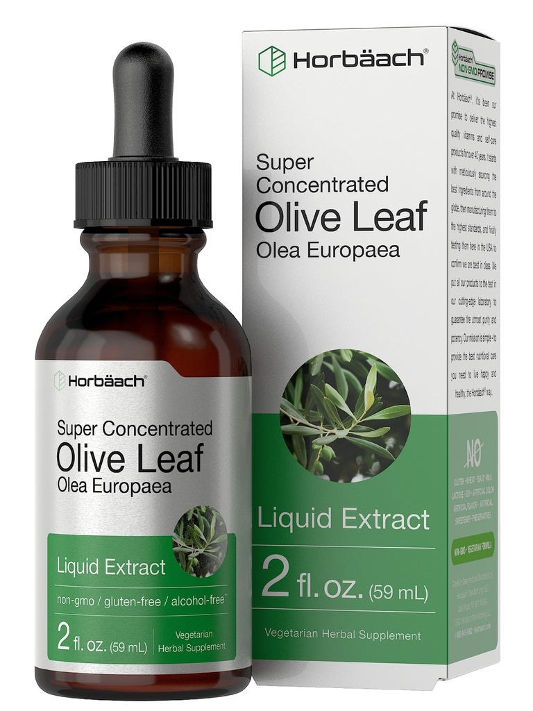 Horbäach Olive Leaf Extract Liquid | 2 fl oz | Super Strength | Alcohol Free, Vegetariano, Non OGM, Gluten Free