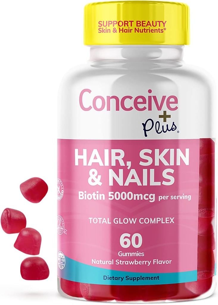 CONCEIVE PLUS Hair Skin & Nails Gummies - Biotina Extra-Strength, VIT A, C, D3, E Vitamine - Vegan, Hair Growth Supplement - Gelatin-Free - 60 Count