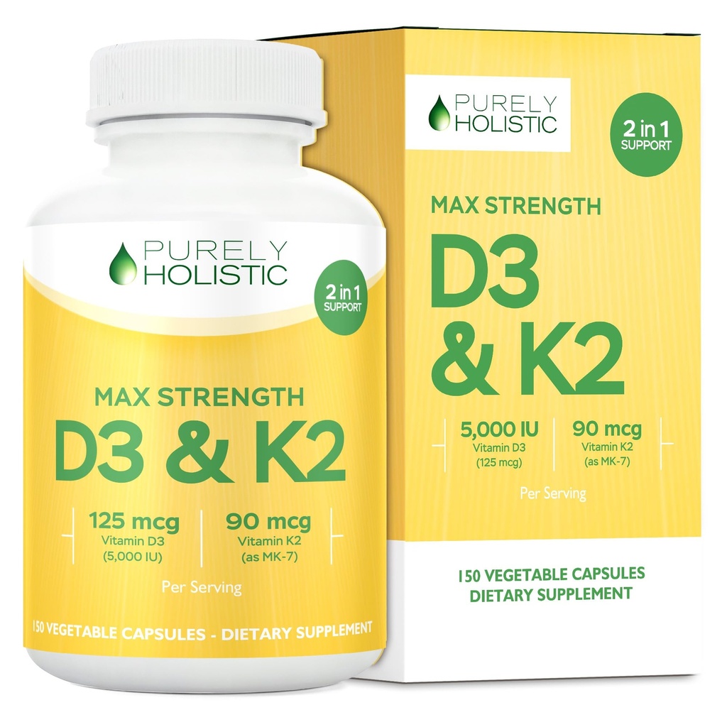 Vitamina puramente olistica D3 125mcg e vitamina K2 90mcg MK7-4 Mese di alimentazione 150 capsule vegetariane - Vitamina D3 & K2 Menaqunione - Colecalciferol ad alta resistenza Made in Italy