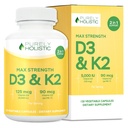 Vitamina puramente olistica D3 125mcg e vitamina K2 90mcg MK7-4 Mese di alimentazione 150 capsule vegetariane - Vitamina D3 & K2 Menaqunione - Colecalciferol ad alta resistenza Made in Italy