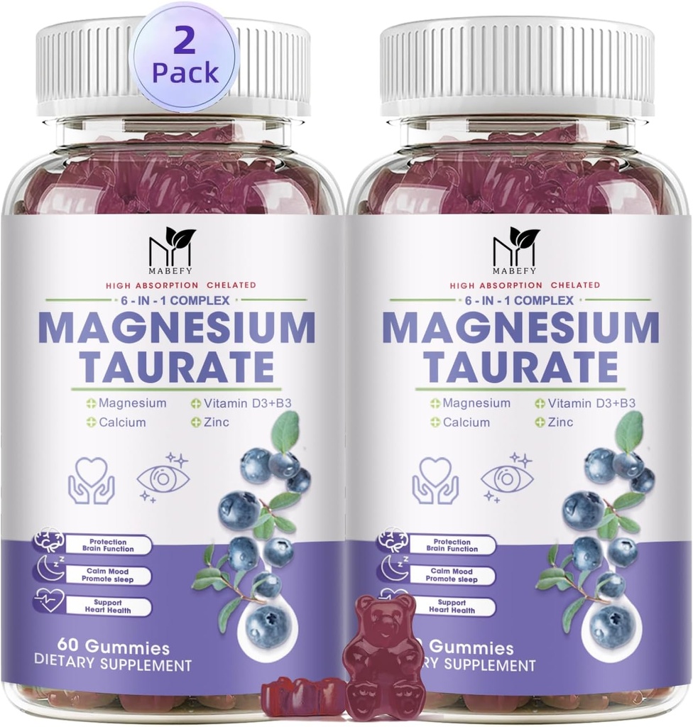 2 Pack Magnesio Supplemento - Magnesio Taurate Magnesio Glycinate Gummies con Magnesio Aspartato, Malato, Magnesio Chewable Complesso Magnesio per il sonno, il muscolo e il supporto di salute del cuore