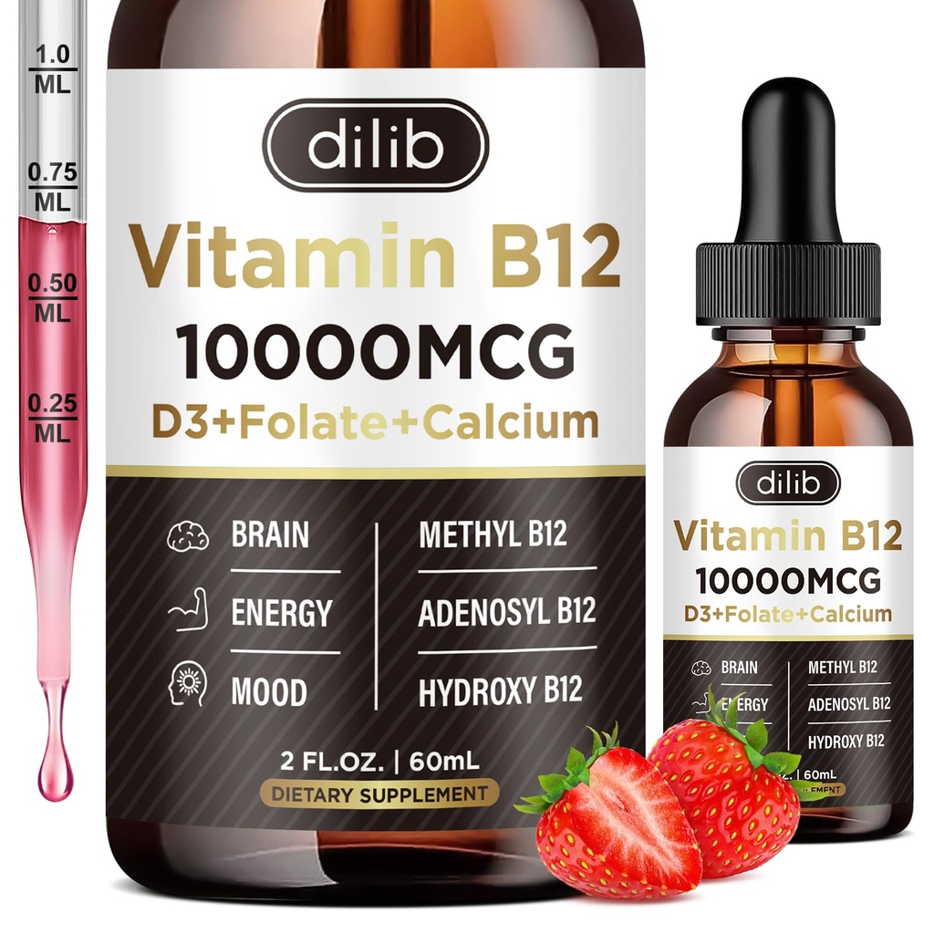 Vitamina B12 Liquid Drops Sublingual 10000 mcg, Triple B-12 Complex Supplement, Methyl & Methylcobalamin Blend for Women & Men, Mood & Energy Booster, Methylated B 12 for Metabolism & Health Support