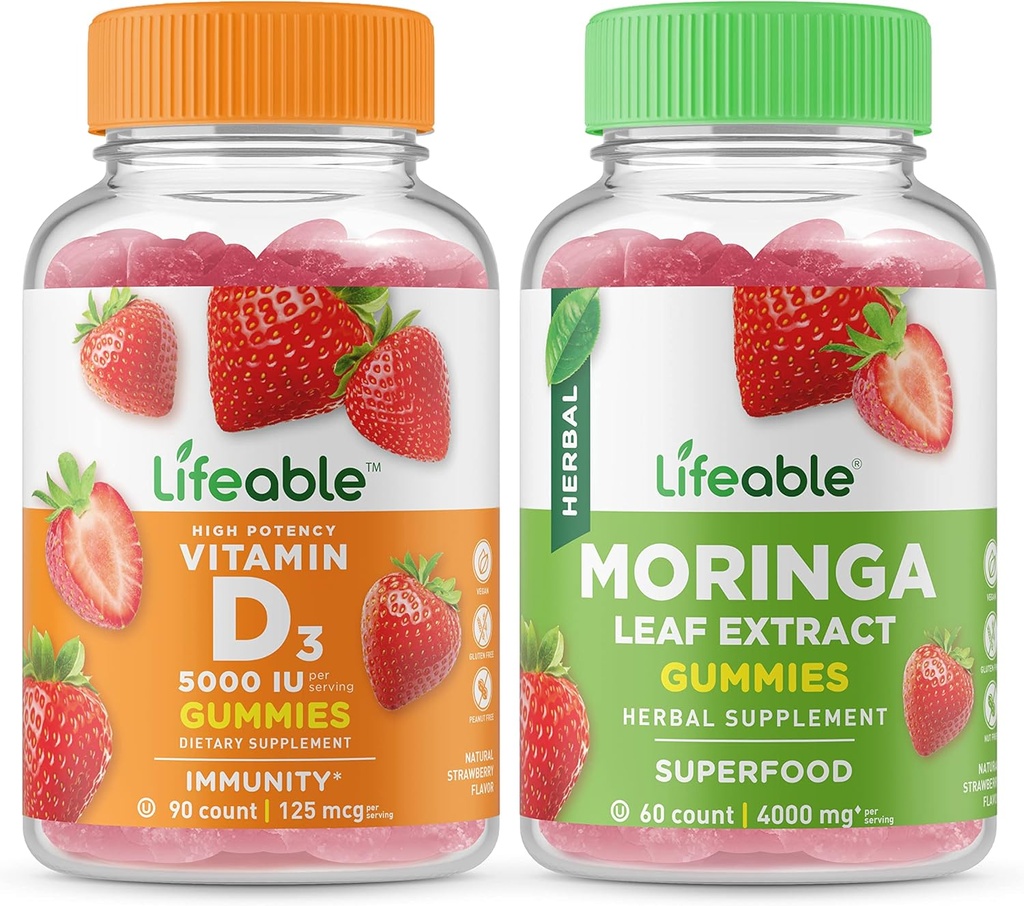 Vitamina D 5000 IU + Moringa Foglia, Gummies Bundle - Grande Degustazione, Supplemento di vitamina, Senza glutine, GMO gratis, pancia masticabile