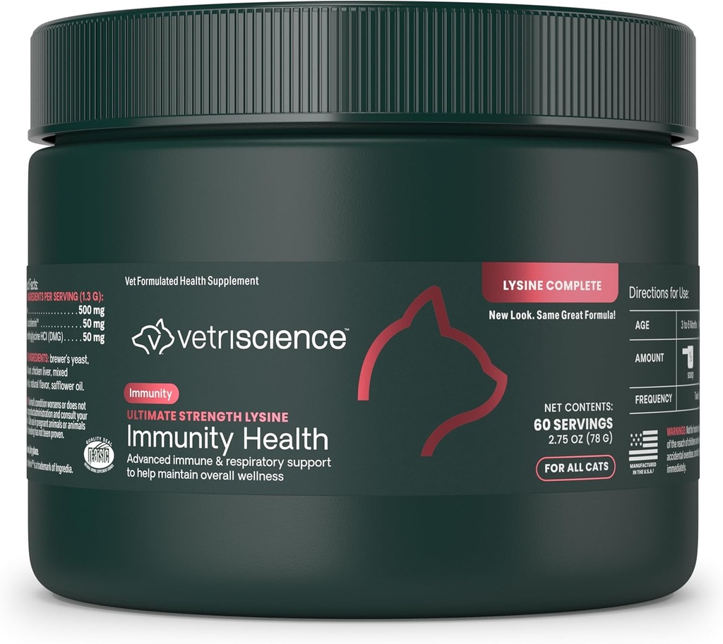 VetriScience Ultimate Strength Lysine Immunity Health Powder for Cats & Kittens, Supplemento per Allergy & Nasal Support, Sneezing, Runny Nose & Watery Eyes, Pollo & Cheese Flavor, 60 Count -New Look