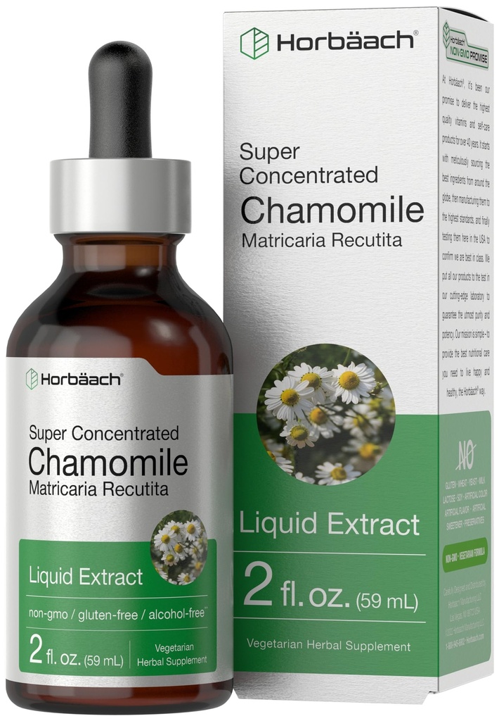 Horbäach Chamomile Extract Liquid | 2 fl oz Tincture | Alcohol Free | Super Concentrated Herb Supplement | Gocce vegetariane | Non OGM, Gluten Free
