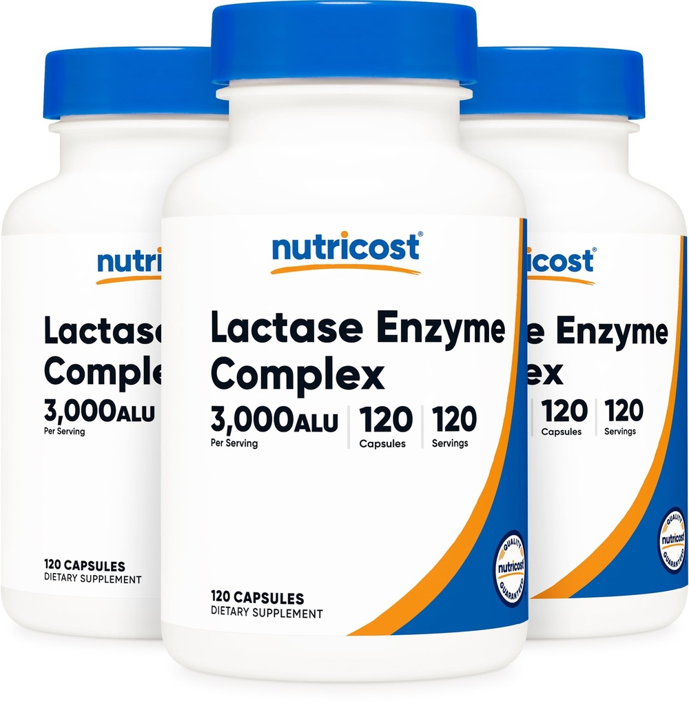 Nutricost Lactase Enzyme Complex 3.000 FCC ALU, 120 capsule vegetali - Non OGM, senza glutine, 120 porzioni (3 bottiglie)