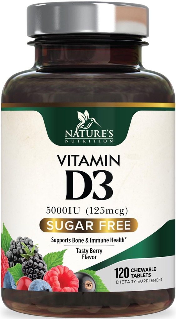 Vitamina D3 5000 IU (125 mcg) Integratore di vitamina D ad alta resistenza della natura Masticabile per la salute del supporto immunitario - Integratori di ossa, denti e muscoli - Zucchero libero, Non OGM, Gluten Free - 120 conteggi Tablet