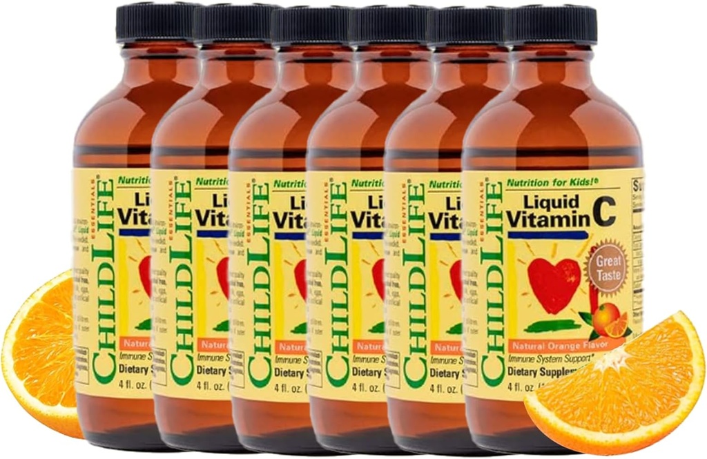 CHILDLIFE ESSENTIALS Liquid Vitamin C - Pure Vitamina C Liquid Supplemento per bambini, Immune System Support, Great Taste - Natural Orange Flavor, 4 Fl Oz (Pack of 6)