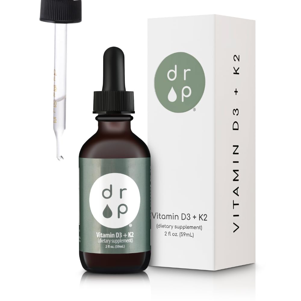 Vitamina D3 + K2 Gocce con 1000 UI di pianta D3 e 45 mcg di K2, 2 oz Supplemento liquido per la resistenza di ossa, Mood migliorato - Nessuna conservazione artificiale, non aromatizzato, con olio di cocco MCT
