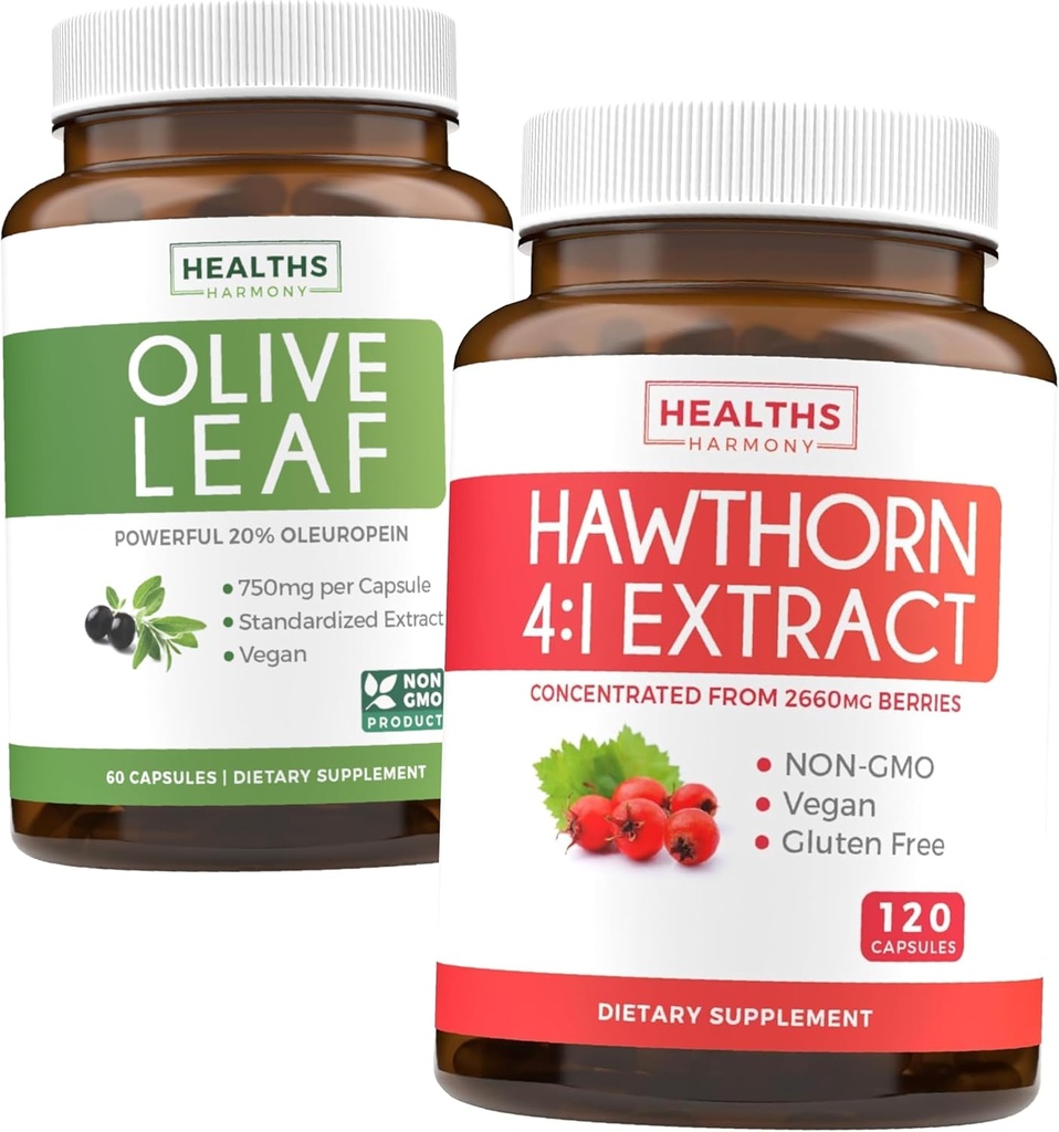 Bundle of Olive Leaf Extract & Hawthorn Berry Extarct - Erbe sane Bundle - Estratto di Foglia di Oliva con 20% Oleuropein & Hawthorn Berry 4:1 Extract - Concentrato da 2660mg Berry Fresco (120 Caps)