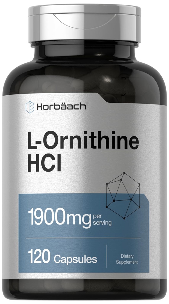 Horbäach L Ornithine HCl | 1900mg | 120 capsule | Non-GMO & Gluten Supplemento gratuito