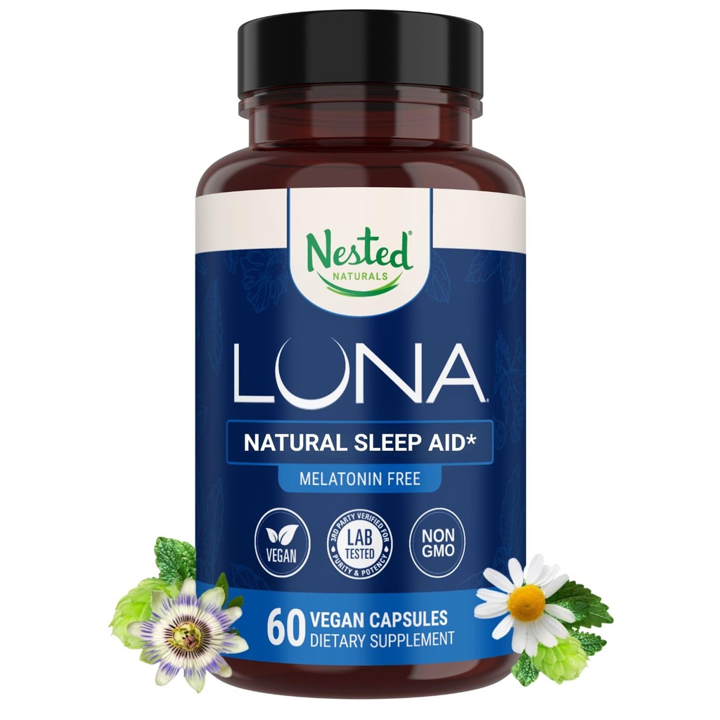 Nested Naturals Luna Sleep Supplement, Melatonin Free, Non-Habit Forming Herbal Sleep Supplement, Adult Bedtime Support, Aiuta a dormire w / camomilla, Valerian, L-teanina, 60 capsule vegan
