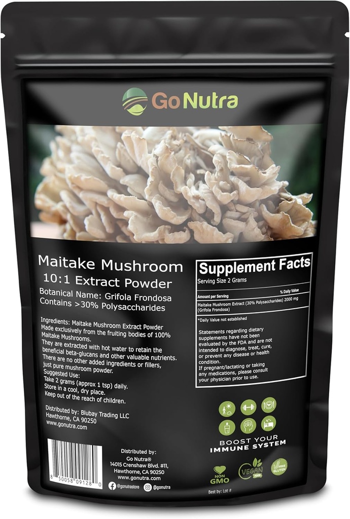 Go Nutra Maitake Mushroom Extract Powder 8 oz | 10:1 Extract Strength | Mushroom Supplemento 30% Polysaccharides | Maitake Powder King of Mushrooms | 8 oncia