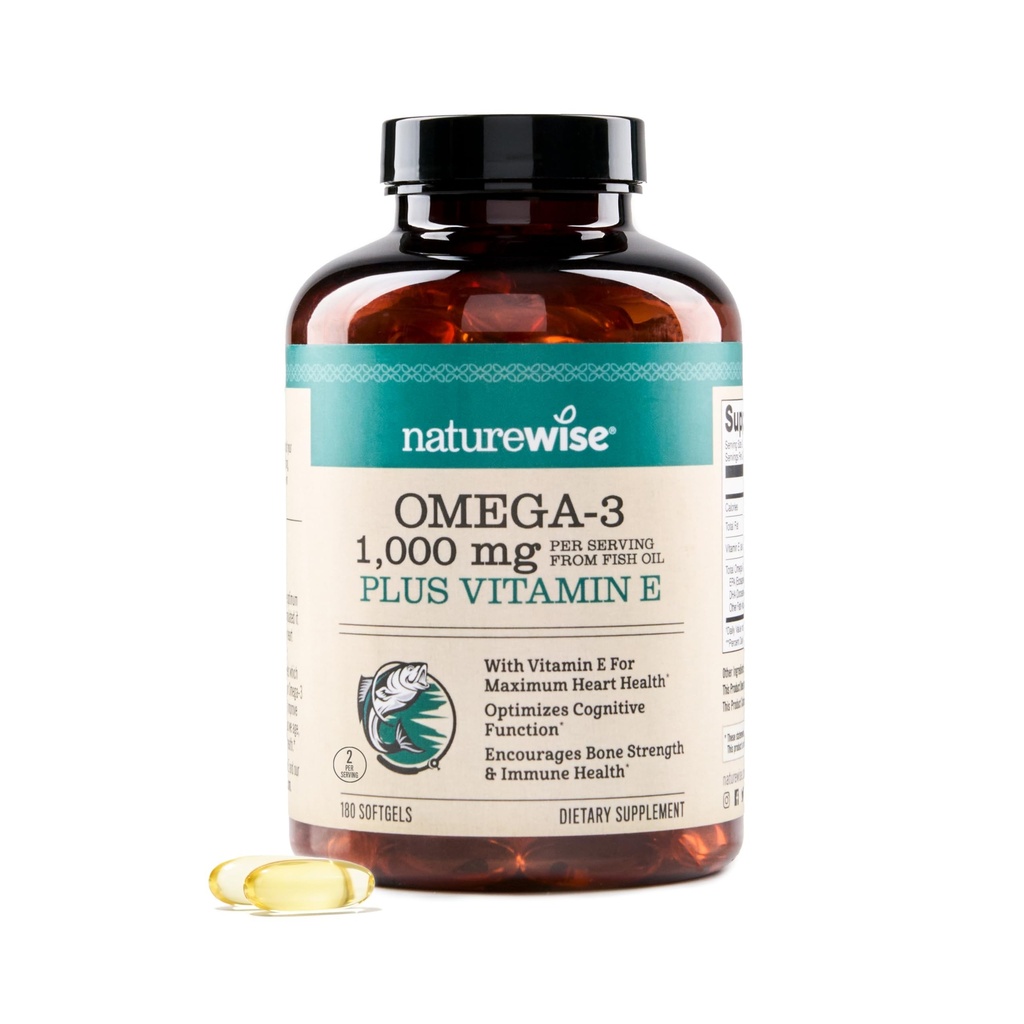 NatureWise Extra-Strength Omega 3 Fish Oil Supplement - 1000mg per Serving - 600 EPA & 400 DHA e vitamina E - Supporto per la salute del cuore e del cervello - Limone Flavor, OGM-Free - 180 Softgels[3-Month Alimentazione]