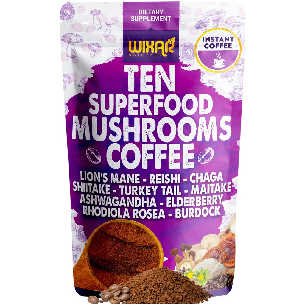 WIXAR Superfood Mushroom Coffee - polvere di caffè istantaneo, dieci superfood estratti con Lion's Mane, Turchia Tail, Reishi, Chaga, Shiitake, Ashwagandha, Rhodiola Rosea, Elderberry, 5oz Mushroom Supplement