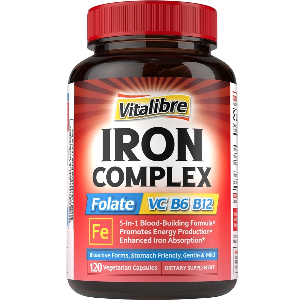 Supplemento di ferro per le donne e gli uomini, con le vitamine C, B6, B12 & Folate per la carenza di ferro, la costruzione del sangue & il supporto energetico, amichevole di stomaco, migliore assorbimento, non OGM, senza glutine, 120 tappi vegani