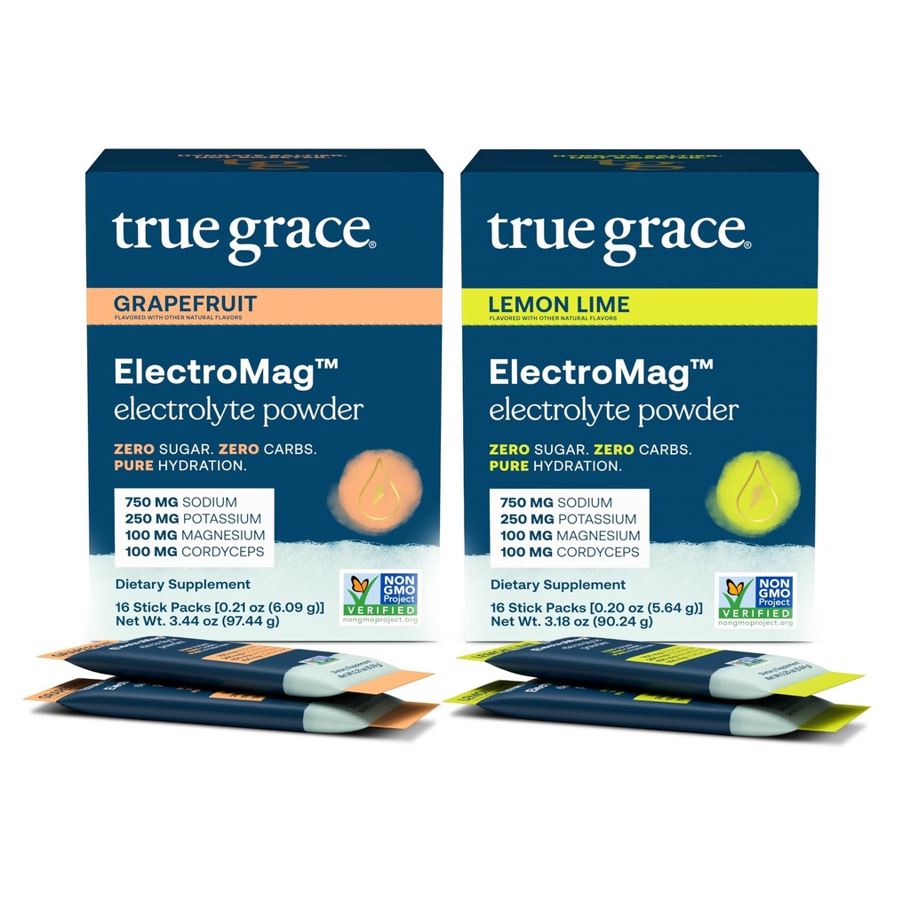 True Grace ElectroMag - Pompelmo (16 Stick Packs) + Lime limone (16 Stick Packs) - Polvere elettrolitica per rapida idratazione - Zucchero Zero & Carbs - Non OGM - 32 Serve totali