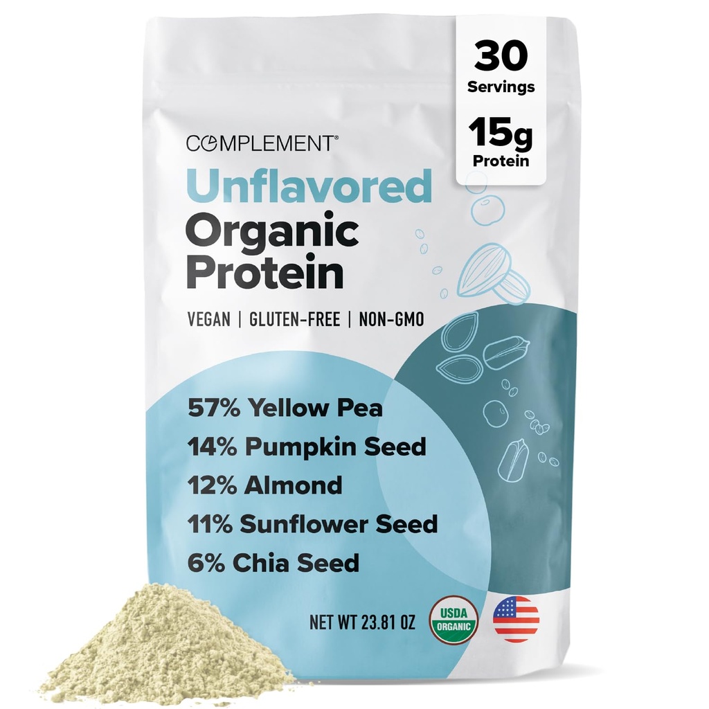 Polvere di proteina vegana non aromatizzata organica (30 porzioni) Carbo basso, Calorie bassa, Zucchero libero, Soia libero, Non OGM, senza glutine, Pea non lattiera- Giallo, Semi di zucca- 15g polvere di proteine vegetali