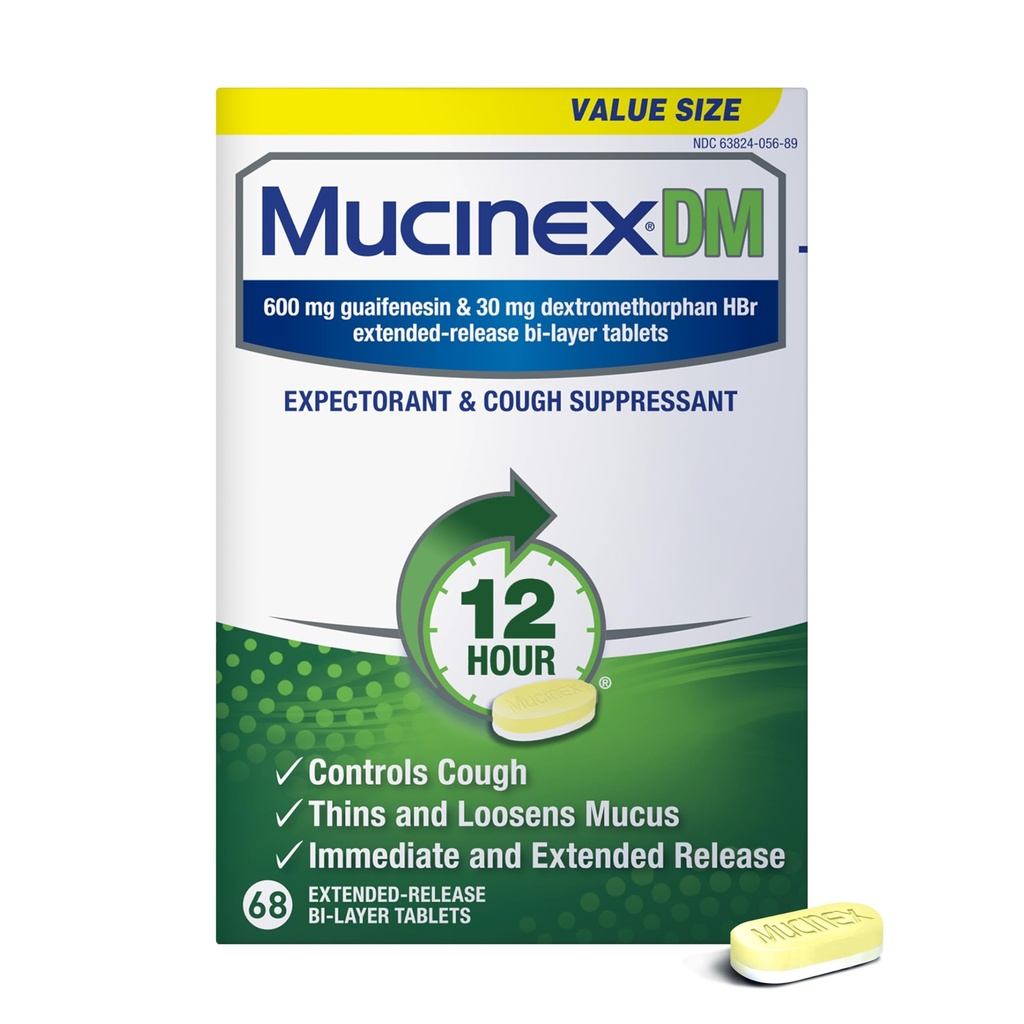 Mucinex DM 12Hr Chest Congestion & Cough Medicine for Adults, Cold and Cough Medicine for Excess Mucus Relief, 600 mg Guaifenesin & 30 mg Dextromethorphan HBr, 68 Bi-Layer Tablets