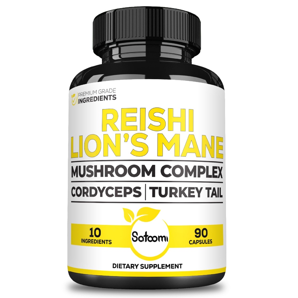 Satoomi Reishi Supplement Complex 5000Mg - 10in1 Combinato con Lions Mane, Cordyceps Sinensis, Chaga Mushroom & Others - 90 Capsule per 3 Mesi