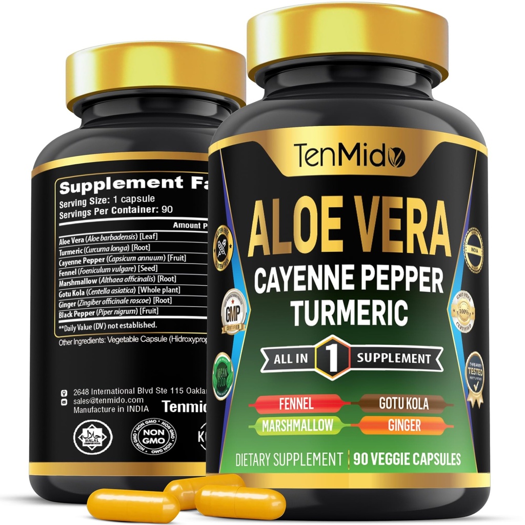 Aloe Vera Capsules Supplemento - Formula 8in1 - Combina con Turmeric, Pepe Cayenne, Marshmallow, Fennel, Gotu Kola, Ginger e Pepe Nero - 90 Capsule per 3 Mesi di Alimentazione