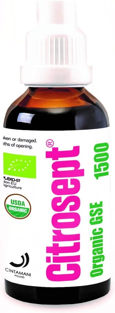 Citrosept Organic GSE, Processo di estrazione di alta qualità per purezza | Max Strength | Liquido di estratto di semi di pompelmo originale con proprietà antiossidanti | Supporto di sistema immunitario | 1 x 50ml