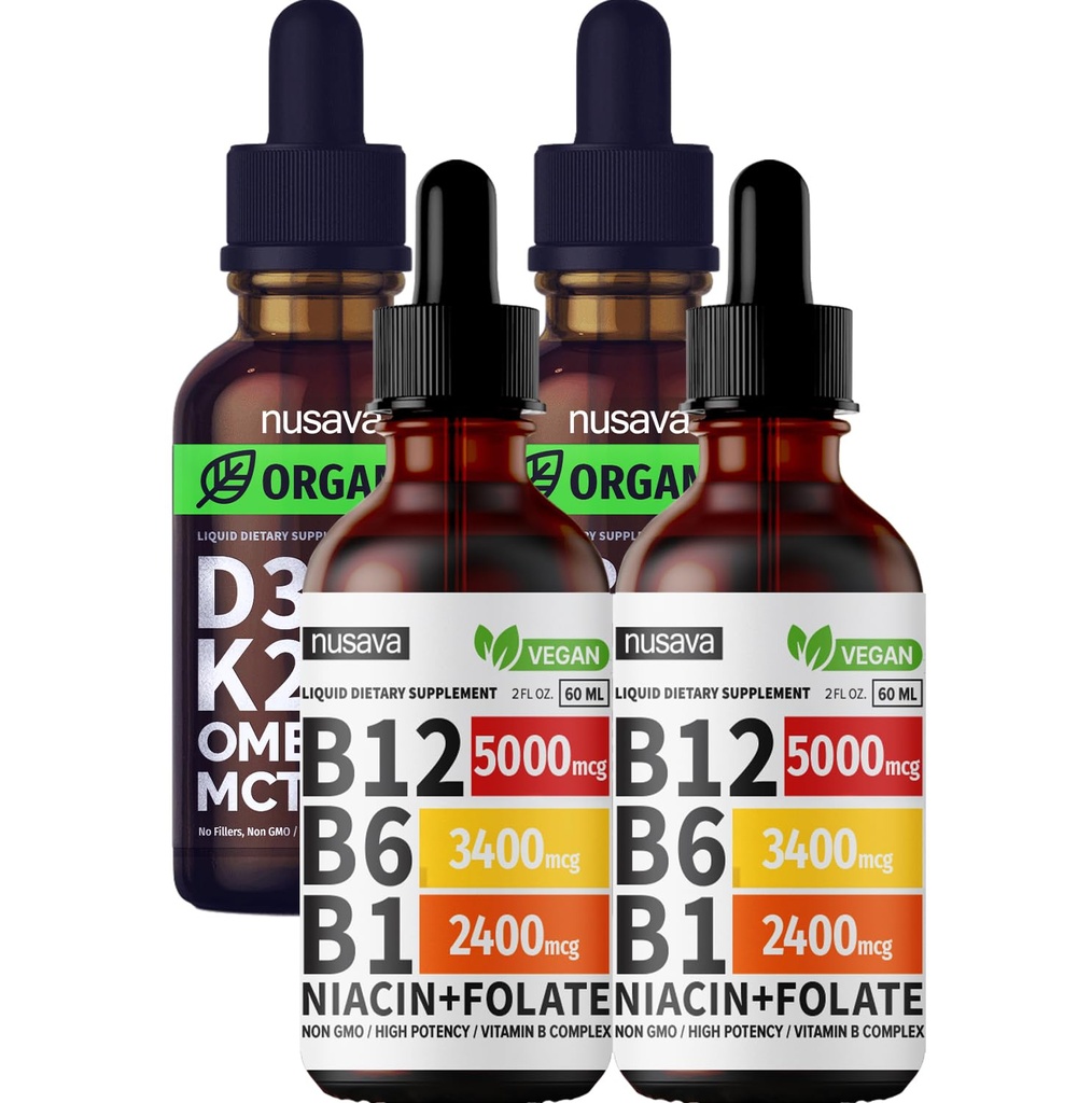 NUSAVA Vitamina B12 Gocce liquide e D3 K2 non aromatizzato Bundle - Potenti vitamine liquide per cuore, giunto, energia e supporto immunitario - Non OGM, senza glutine, 2pk
