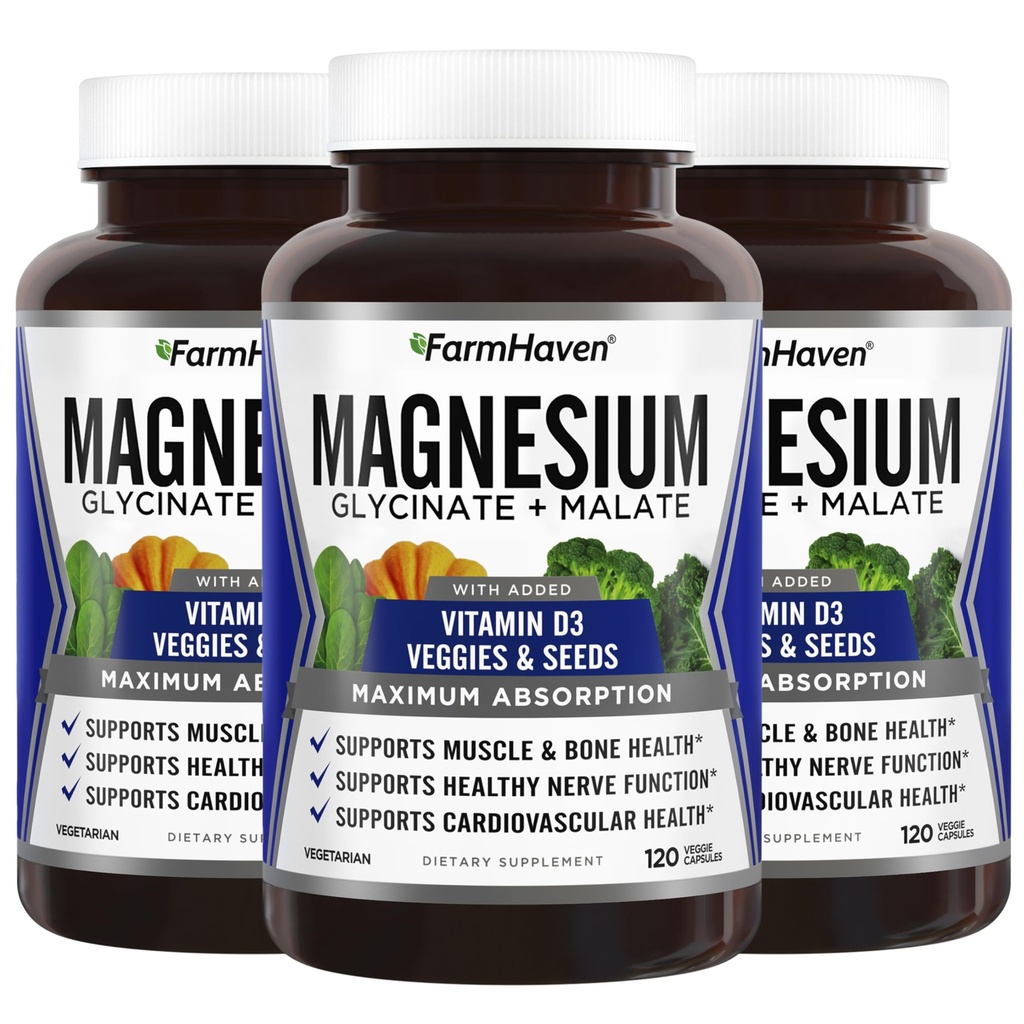 FarmHaven Magnesium Glycinate & Malate Complex w/ Vitamina D3, 100% Chelated for Max Absorption, Vegan – Bone Salute, Nervi, Muscoli, 360 capsule, 180 giorni