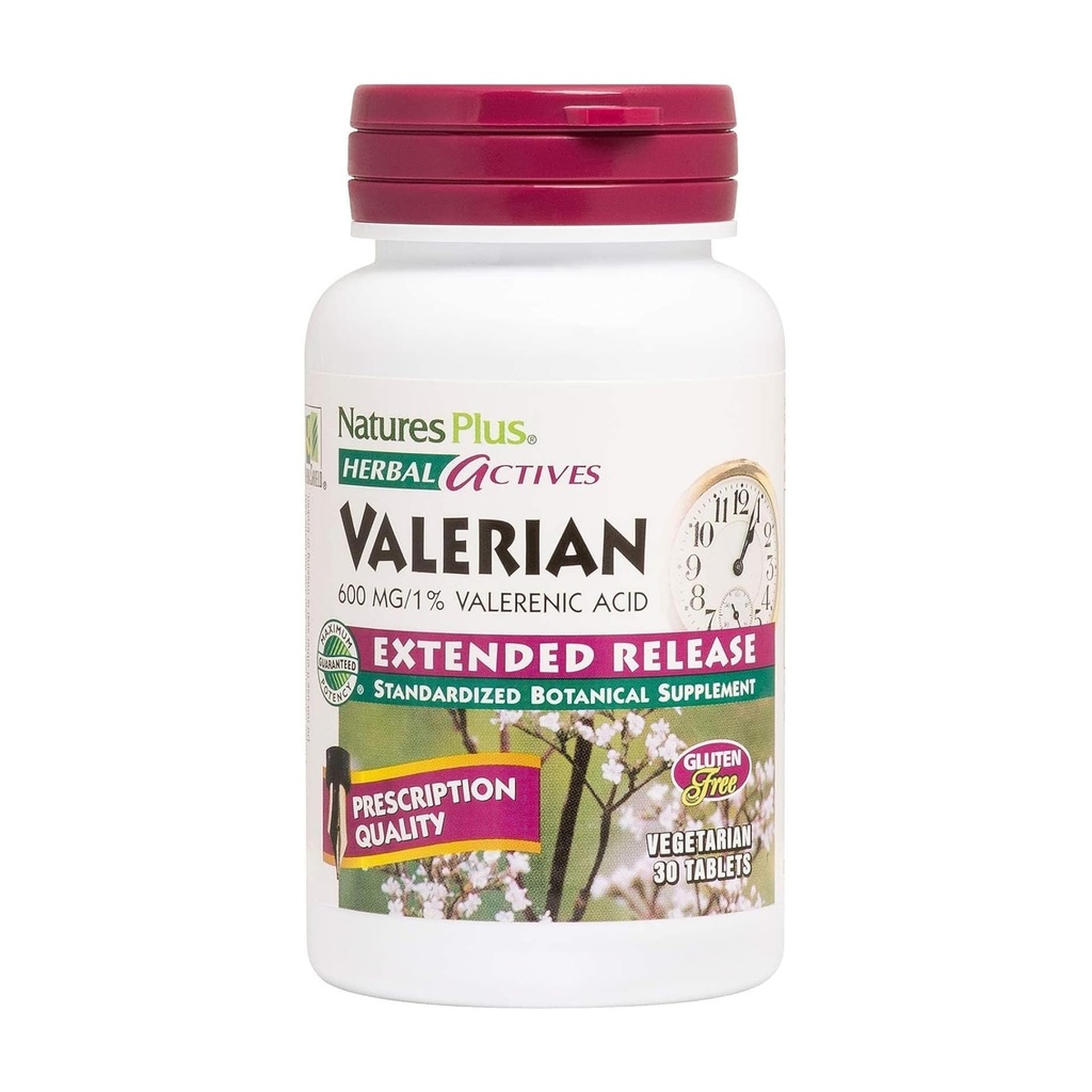 Natures Plus Herbal Actives Valerian Extended Release Tablets - 600 mg, 30 Vegan Tablets - Vegetariano, Senza Glutine - 30 Serve
