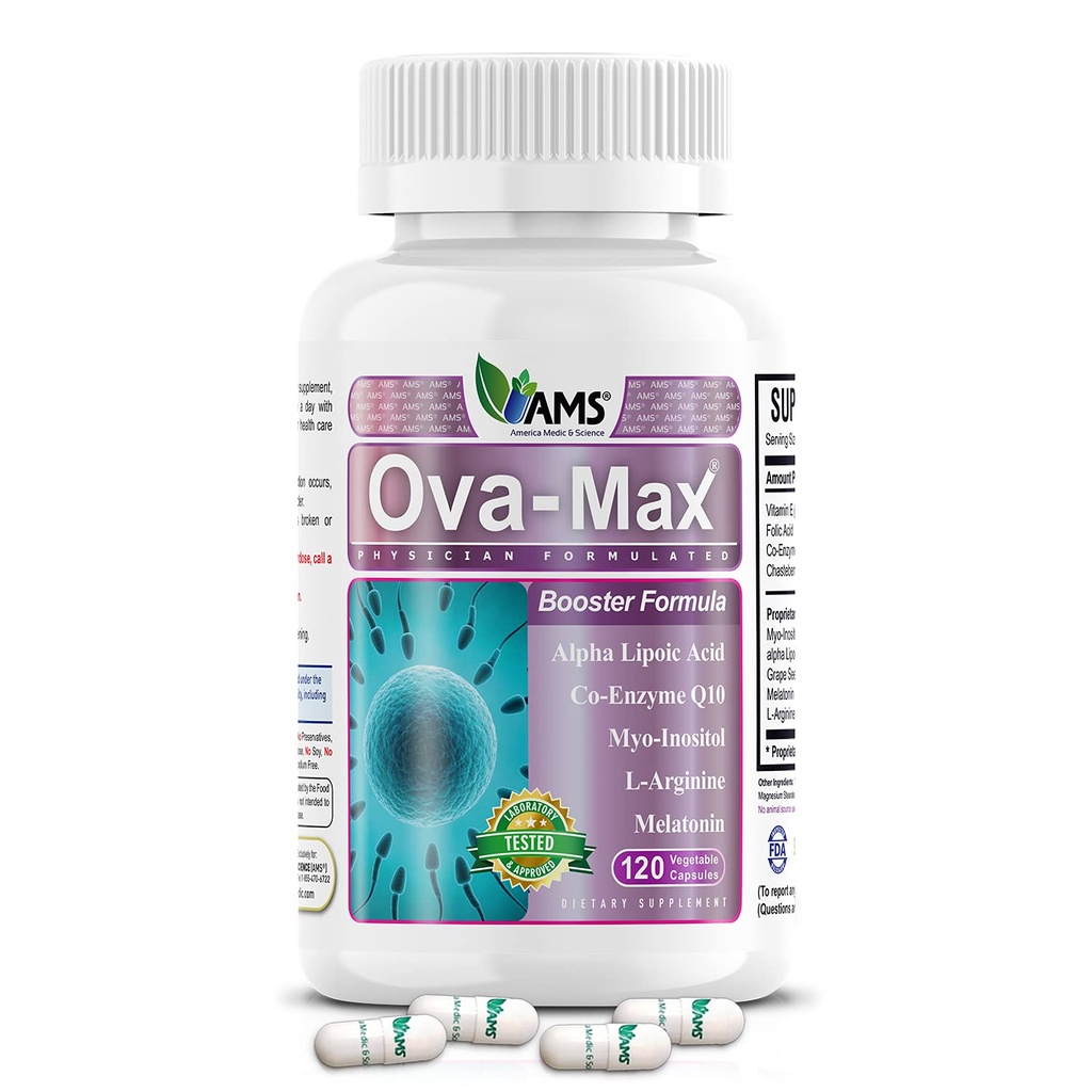 America Medic & Science OVA-Max vitamine prenatali per le donne (120 capsule) Aumenta la fertilità e l'ovulazione | L'aiuto alla gravidanza e gli integratori di preconcezione femminile con CoQ10, Acido Folico e Myo-Inositolo
